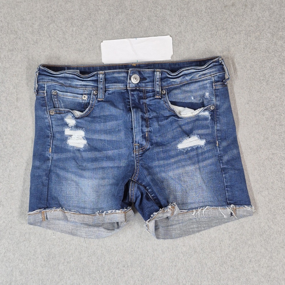 American Eagle Women Shorts 10 Blue Denim Midi Super Stretch Distressed 4"